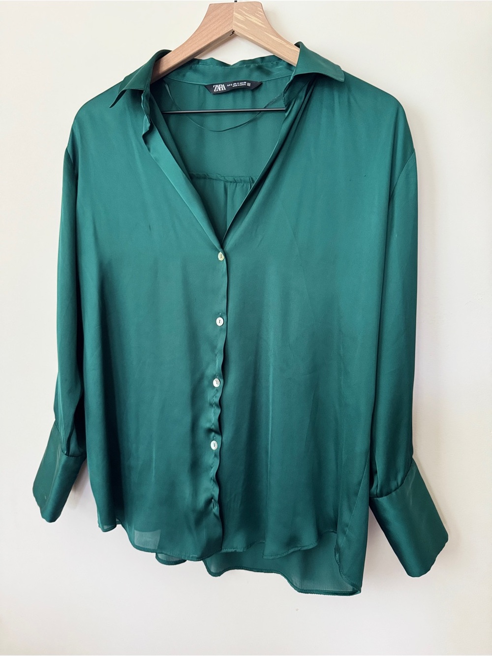 Zara Emerald Green Satin Button-Down Blouse Womens